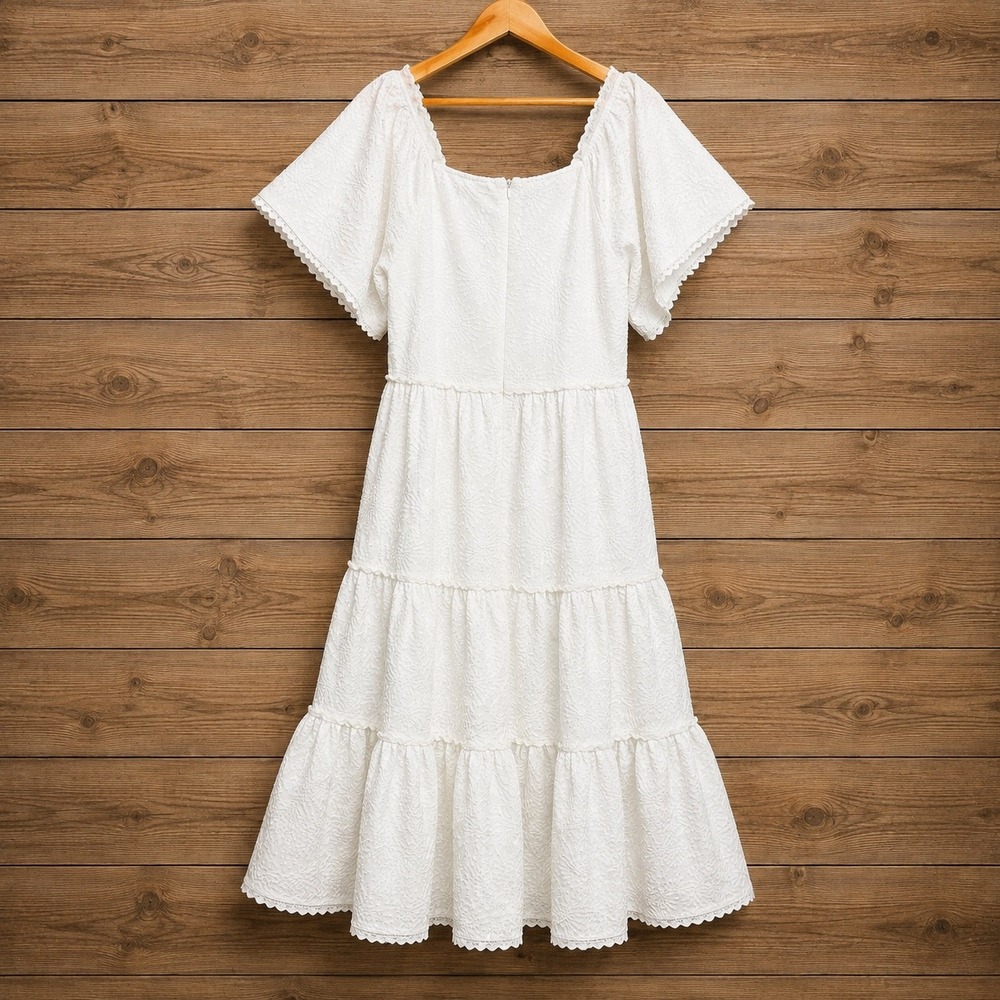 Ivy City Co Womens White Floral Jacquard Tiered Midi Dress Flutter Sleeve Large